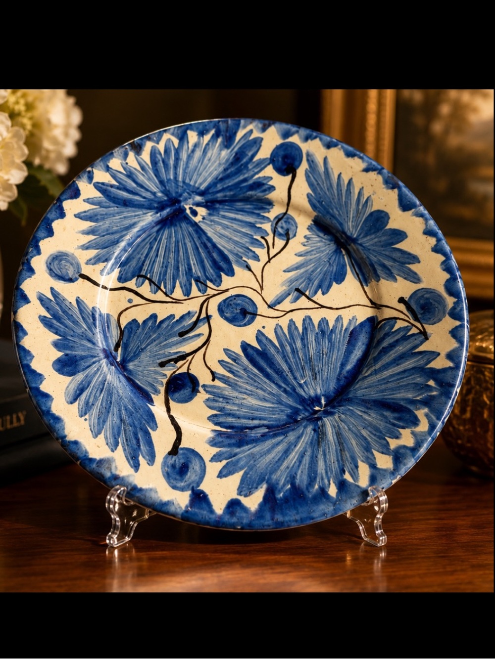 VTG Hand Painted Blue White Floral Pottery Artisan Plate 11"